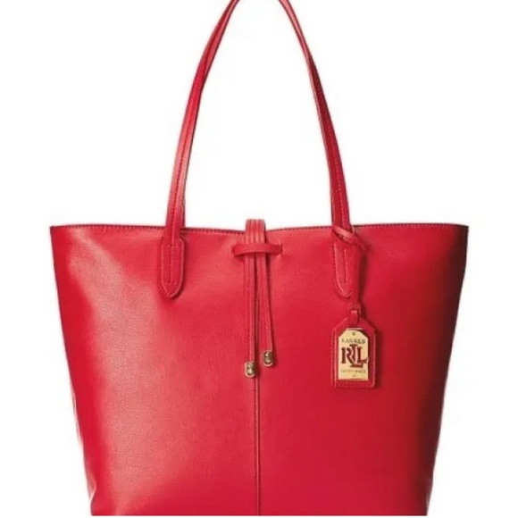 NWOT Lauren Ralph Lauren Crawley Red Leather Unlined Large Tote Bag - Picture 1 of 8